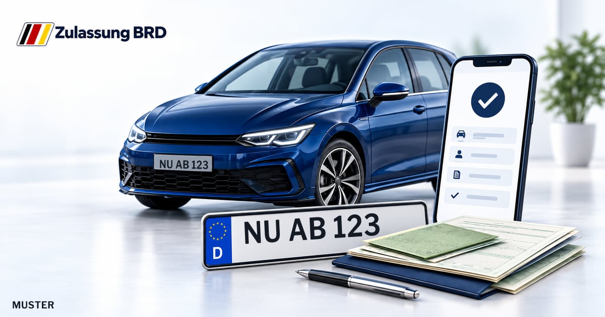 Online Fahrzeugzulassung in Neu-Ulm: Musterkennzeichen NU AB 123, Auto und Fahrzeugpapiere und Smartphone. Illustration mit Logo von Zulassung BRD.